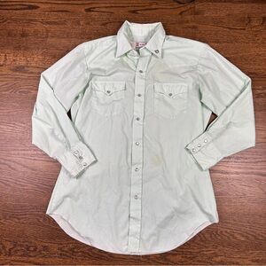 Vintage H Bar C Shirt Mens 16-32 Light Green Western Pearl Snap Made USA 70s